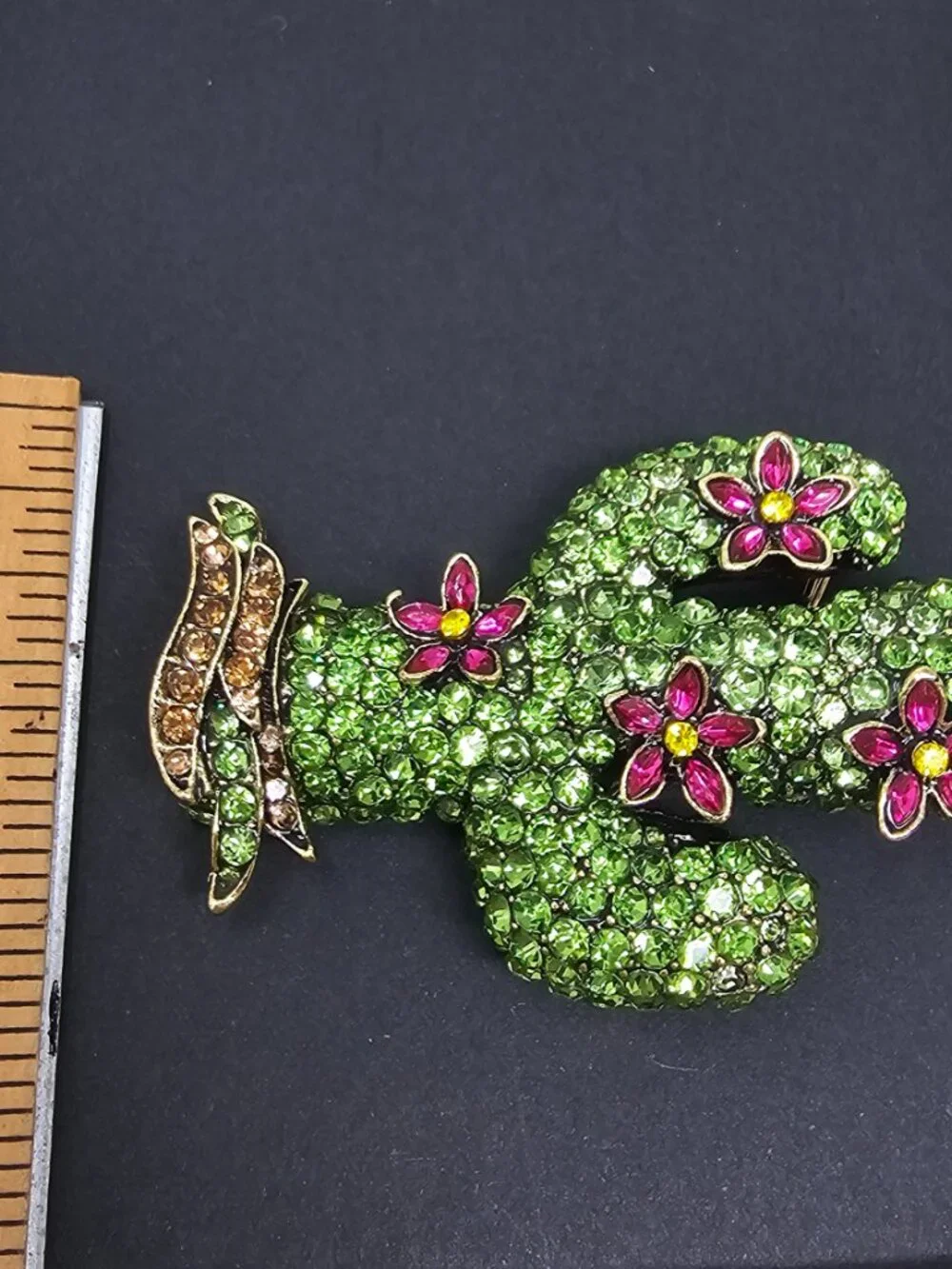 Sparkling Green Cactus & Pink Flower Rhinestone Brooch Pin Gold Toned